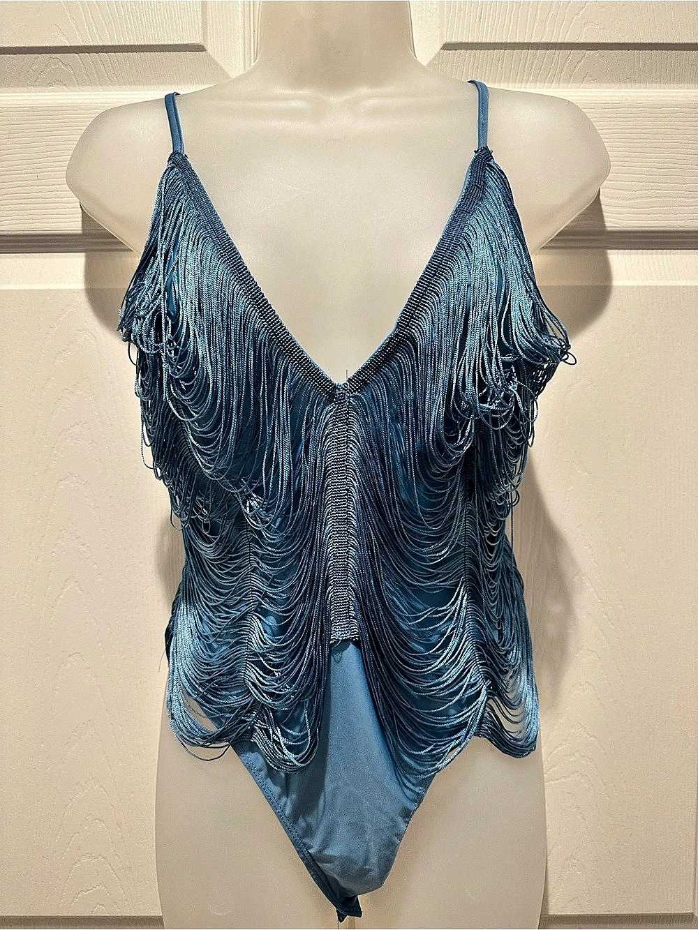 PrettyLittleThing Rare Blue Fringe Bodysuit US 8 Nashville Burlesque Y2K Vegas